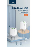 Compra el cargador de pared dual USB-A LDNIO A2201 de 17W en Guatemala, ideal para cargar dos dispositivos al mismo tiempo.