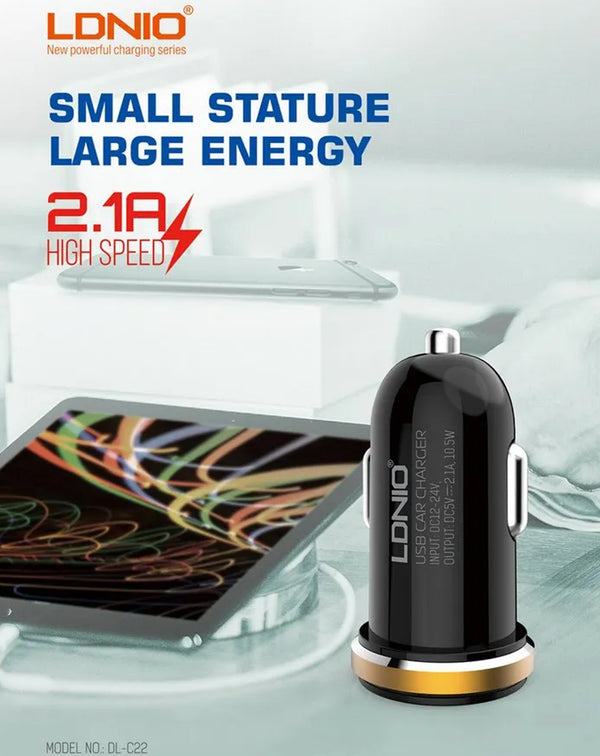 Encuentra el cargador de auto LDNIO DLC-22 de 10W con 2 puertos USB y cable Micro USB de 3 pies en Guatemala para tus dispositivos móviles.