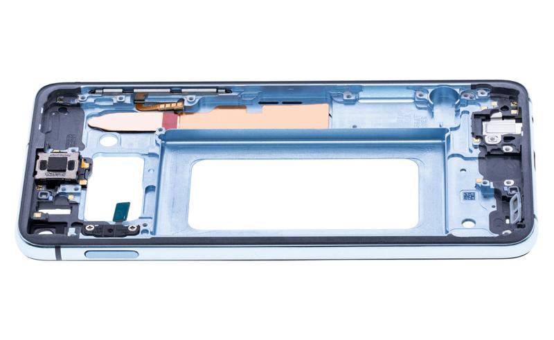 Encuentra la carcasa de marco medio Samsung Galaxy S10E en Guatemala con piezas pequeñas en color Prism Blue en talleres de reparación autorizados.