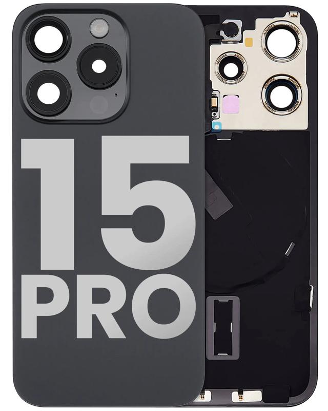 Reparación de tapa trasera con placa de acero con carga inalámbrica y flex de linterna para iPhone 15 Pro en Guatemala.