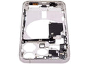 Encuentra la carcasa central con botones de encendido y volumen para iPhone 15 Pro en Guatemala, disponible en versión EE. UU., grado B, color blanco titanio, ideal para reparaciones y reemplazos.