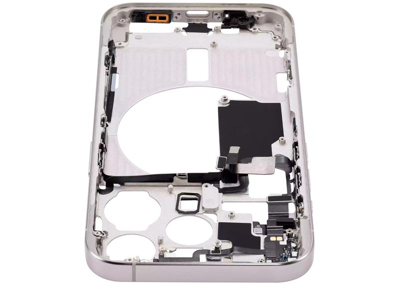 Encuentra la carcasa central con botones de encendido y volumen para iPhone 15 Pro en Guatemala, disponible en versión EE. UU., grado B, color blanco titanio, ideal para reparaciones y reemplazos.