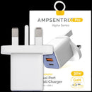 Cargador de pared AmpSentrix 30W ultramarino dual USB-C/USB-A con enchufe UK, ideal para reparaciones.