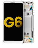 Pantalla LCD refurbished blanca LG G6 Mystic White con marco, ideal para reparación de display.
