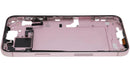 Chasis medio gris plateado de iPhone 15 Plus A2847 con pequeñas piezas internas.