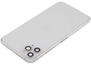 Tapa trasera plateada para iPhone 11 Pro Max (A2161, A2218, A2220) con puerto de carga y piezas pequeñas para reparación.