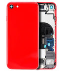 Tapa trasera roja para iPhone 8 (A1863, A1905, A1906) con componentes preinstalados, sin logo, repuesto aftermarket.
