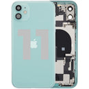 Tapa trasera verde usada para iPhone 11 (A2111), con puerto de carga y piezas pequeñas para reparación.