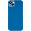 Tapa trasera azul usada para iPhone 13 (A2482) con puerto de carga flex y pequeñas partes, ideal para reparación.