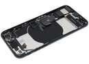 Tapa trasera negra refurbished iPhone SE 2022 (A2595) con puerto de carga y componentes preinstalados.