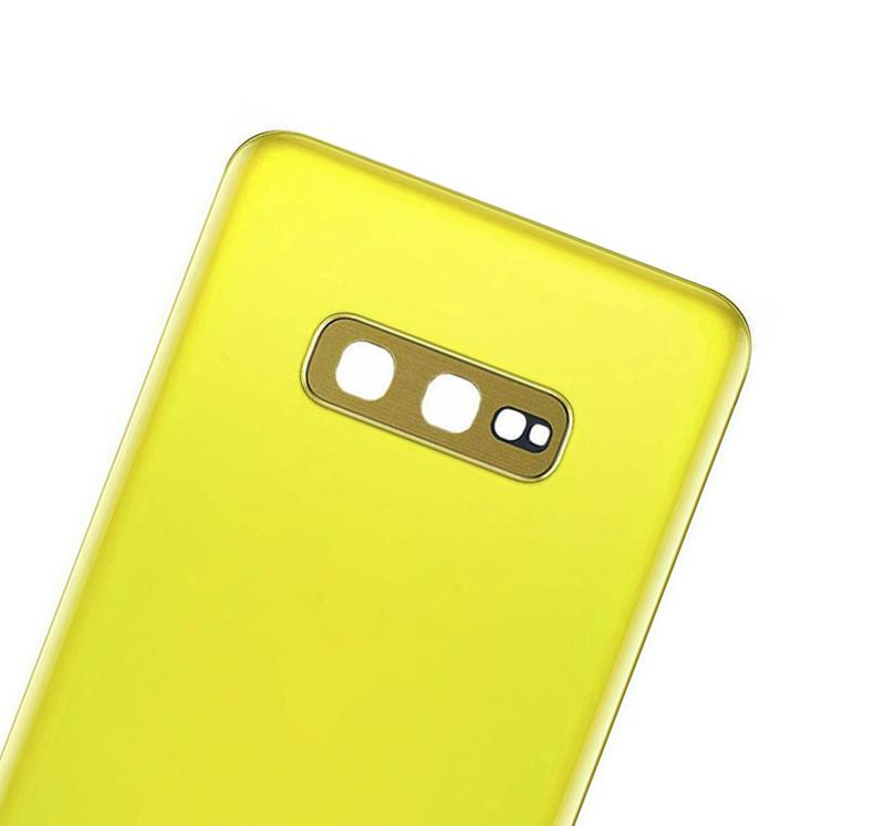 Tapa trasera con lente de cámara Samsung Galaxy S10E (No Logo) en Guatemala, producto aftermarket color amarillo canario.