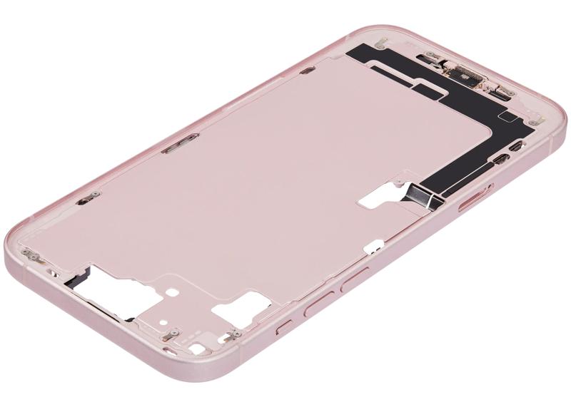 Reparación de iPhone 15 Plus en Guatemala: Ensamble de marco medio con puerto de carga flex y piezas pequeñas en color rosa.