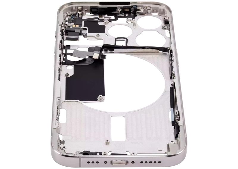 Encuentra la carcasa central con botones de encendido y volumen para iPhone 15 Pro en Guatemala, disponible en versión EE. UU., grado B, color blanco titanio, ideal para reparaciones y reemplazos.