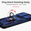 Funda híbrida azul para Moto G22 con anillo metálico giratorio y protector de cámara integrado.