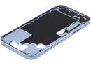 Chasis iPhone 17 Mist Blue A3280 usado, marco medio con puerto de carga y piezas pequeñas para reparación.