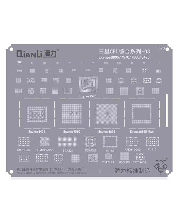 Encuentra en Guatemala el stencil Bumblebee (QS528) para CPU Samsung Exynos8895 / 7570 / 7580 / 3475 de Qianli en componentes Samsung, en talleres especializados de reparaciones.