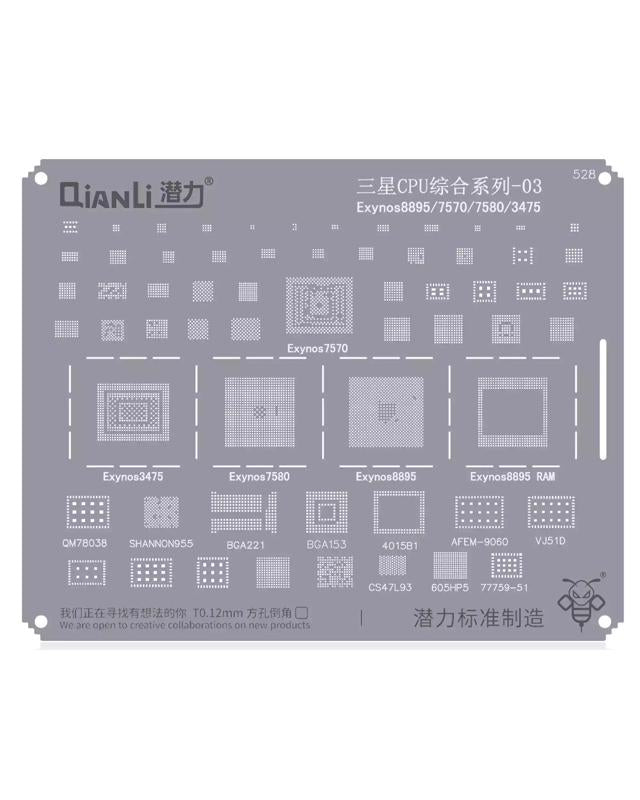 Encuentra en Guatemala el stencil Bumblebee (QS528) para CPU Samsung Exynos8895 / 7570 / 7580 / 3475 de Qianli en componentes Samsung, en talleres especializados de reparaciones.