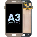 Pantalla hard OLED Samsung Galaxy A3 (A320/2017) original Gold Sand sin marco, repuesto para reparación.