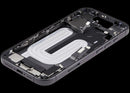 Mid-frame housing negro para iPhone 17 con puerto de carga flex, chasis y piezas pequeñas.