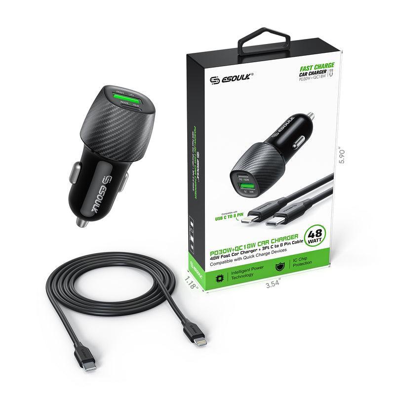 Encuentra el adaptador de carro USB C+A de Esoulk con cable USB C-L en Guatemala para cargar tus dispositivos de forma rápida y segura.