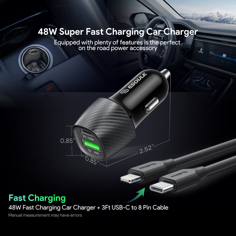Encuentra el adaptador de carro USB C+A de Esoulk con cable USB C-L en Guatemala para cargar tus dispositivos de forma rápida y segura.