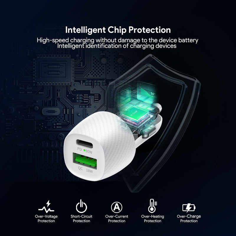 Encuentra el Adaptador de auto Esoulk USB C+A PD/QC Blanco en Guatemala, ideal para cargar tus dispositivos de forma rápida y segura.