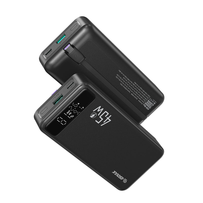 PowerBank Esoulk de 20000mAh con carga rápida de 45W en color negro disponible en Guatemala, ideal para mayoristas y reparaciones de dispositivos electrónicos.