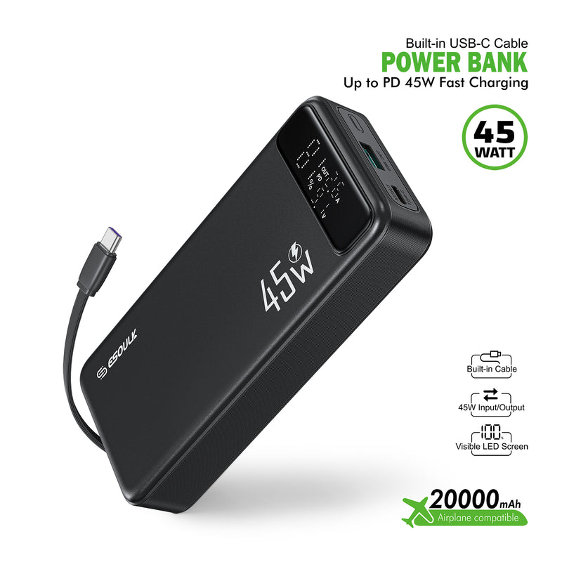 PowerBank Esoulk de 20000mAh con carga rápida de 45W en color negro disponible en Guatemala, ideal para mayoristas y reparaciones de dispositivos electrónicos.