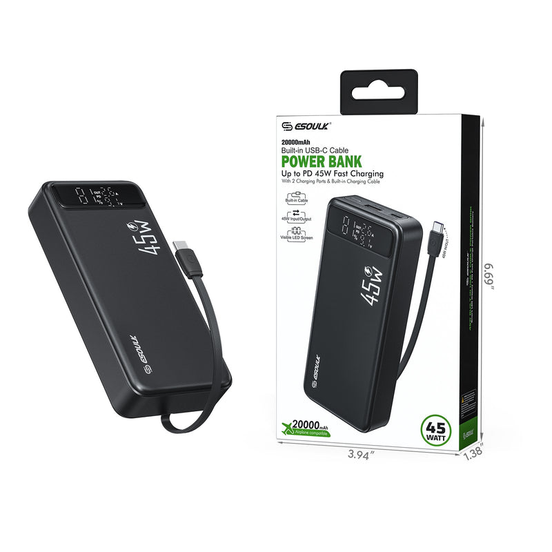 PowerBank Esoulk de 20000mAh con carga rápida de 45W en color negro disponible en Guatemala, ideal para mayoristas y reparaciones de dispositivos electrónicos.