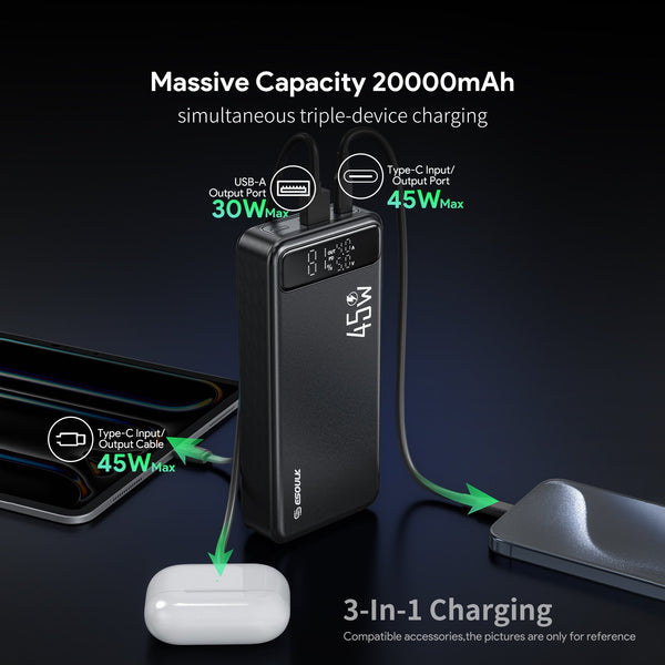 PowerBank Esoulk de 20000mAh con carga rápida de 45W en color negro disponible en Guatemala, ideal para mayoristas y reparaciones de dispositivos electrónicos.