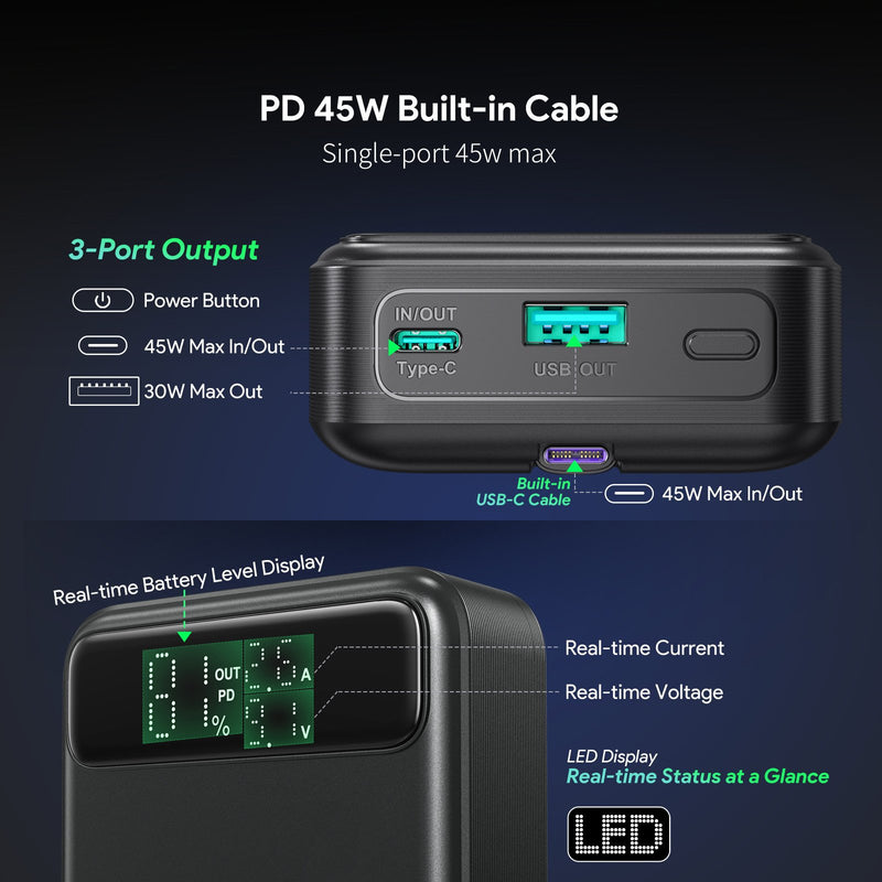 PowerBank Esoulk de 20000mAh con carga rápida de 45W en color negro disponible en Guatemala, ideal para mayoristas y reparaciones de dispositivos electrónicos.