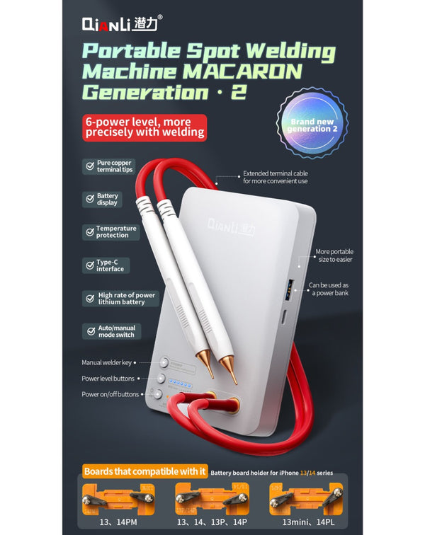 Compra la soldadora de puntos portátil QianLi Macaron con placa de fijación para iPhone 11 a 14 Pro Max en Guatemala, ideal para reparaciones en talleres de reparación de dispositivos móviles.