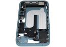 Carcasa trasera teal para iPhone 16 con puerto de carga flex y piezas pequeñas, repuesto OEM usado.
