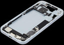 Chasis medio azul usado para iPhone 15 con puerto de carga (A2846, A3089, A3090) y pequeñas piezas.