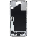 Chasis blanco de iPhone 16 Plus con puerto de carga flex y pequeñas piezas, ideal para reparación.