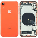 Tapa trasera de iPhone XR Coral Refurbished (A1984, A2105, A2106) con logo Apple, repuesto de carcasa.