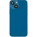Tapa trasera azul usada de iPhone 13 Mini A2481 con puerto de carga, chasis y pequeñas partes para reparación.