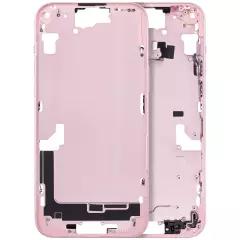 Marco medio de carcasa rosa con botones para iPhone 15 Plus, disponible en talleres de reparación de celulares en Guatemala.