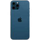 Tapa trasera usada iPhone 12 Pro Max Pacific Blue con puerto de carga y pequeñas piezas.