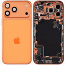Tapa trasera Cosmic Orange usada para iPhone 17 Pro Max (A3295) con puerto de carga y piezas pequeñas.
