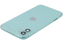 Tapa trasera verde OEM Grado C para iPhone 11 (A2111) con puerto de carga y piezas pequeñas, repuesto usado.