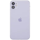 Tapa trasera morada usada para iPhone 11 (A2111) con puerto de carga flex y pequeñas piezas, ideal para reparación.