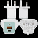 Cargador de pared rápido AmpSentrix 30W teal 2 en 1 con puertos USB-C y USB-A, enchufe UK, 220V.