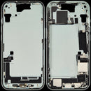 Tapa superior verde iPhone 15 A2846 usada OEM, con puerto de carga y piezas pequeñas para reparación.