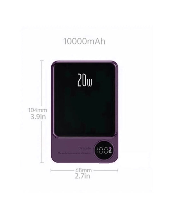 Encuentra el PowerBank magnético inalámbrico de 10000mAh en Guatemala con pantalla LED en color morado al mejor precio en mayoristas de accesorios tecnológicos.