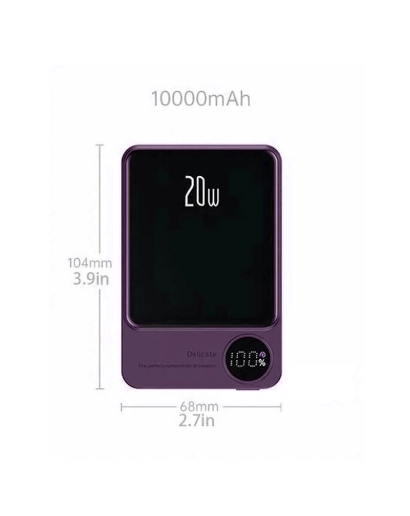 Encuentra el PowerBank magnético inalámbrico de 10000mAh en Guatemala con pantalla LED en color morado al mejor precio en mayoristas de accesorios tecnológicos.