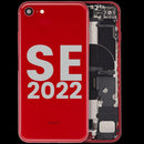 Tapa trasera roja usada para iPhone SE 2022 (A2595), con puerto de carga y pequeños componentes instalados.