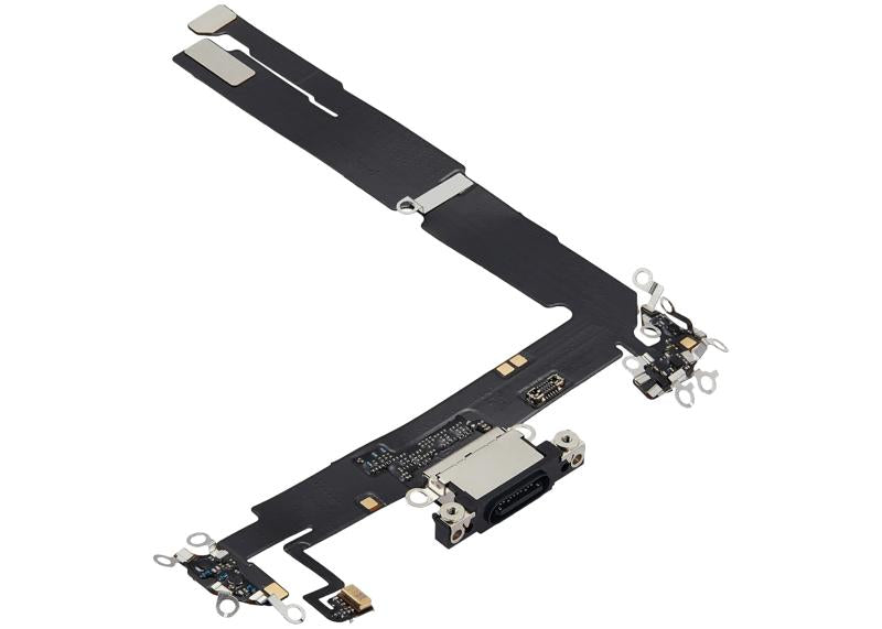 Flex cable de puerto de carga negro para iPhone 16 Plus disponible para reparaciones en Guatemala.