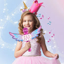 Micrófono karaoke rosa metálico con detalles brillantes y alas desmontables, ideal para niñas.