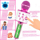 Micrófono karaoke rosa metálico con detalles brillantes y alas desmontables, ideal para niñas.